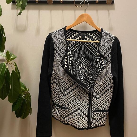 Lucky Brand Womens Large Aztec Pattern Sweater | Black & White Zip Knit Cardigan - Picture 2 of 9